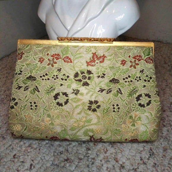 Vintage Jeweled Clasp Green Floral Brocade Convertible Chain Strap Clutch Purse - Picture 6 of 15